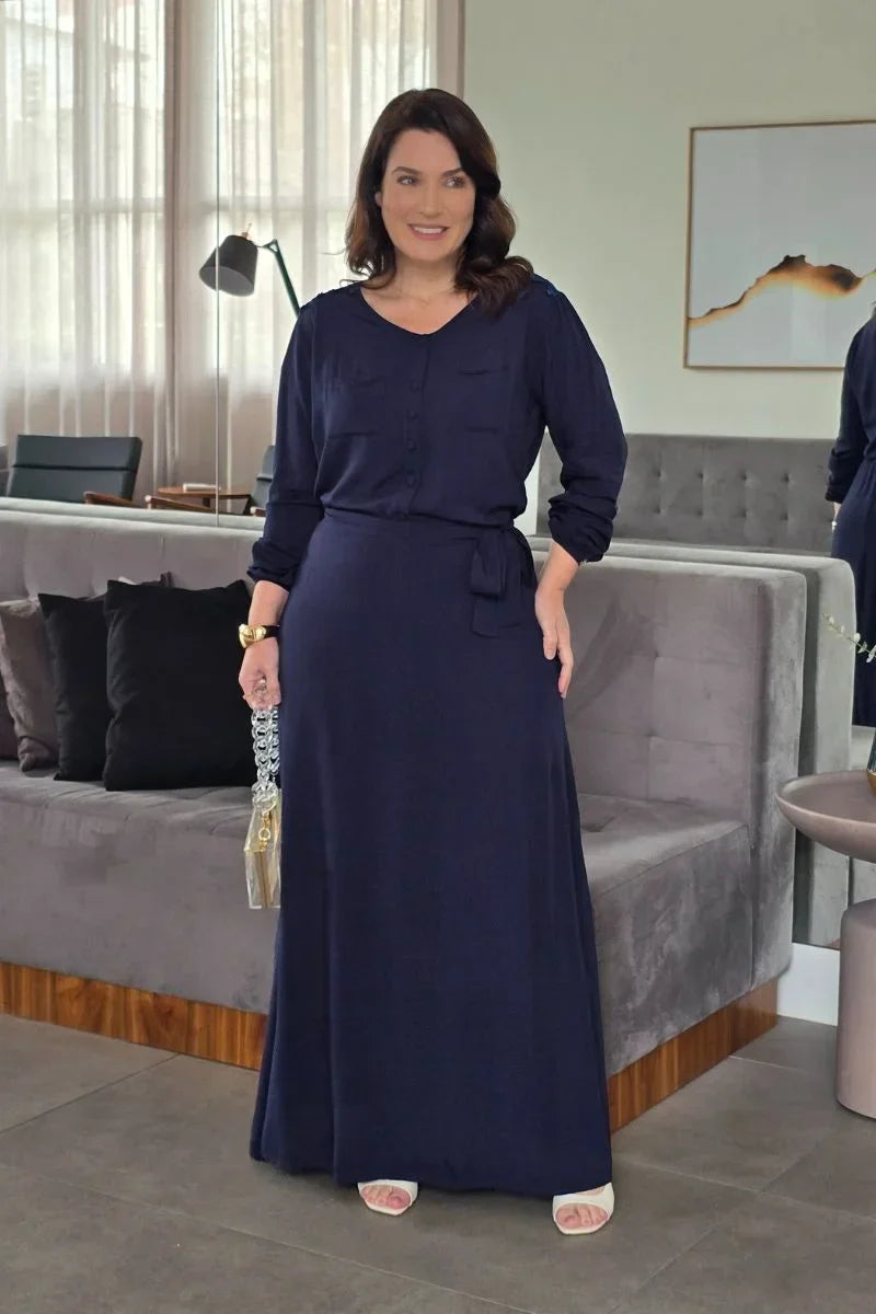 Vestido Longo Azul com Guippir Eliana