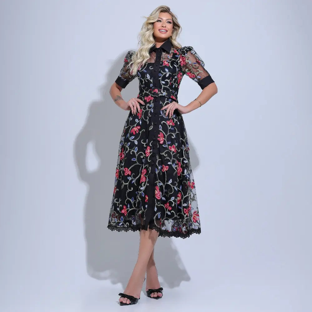 Vestido Feminino Midi Florado Preto Sarah - FL28