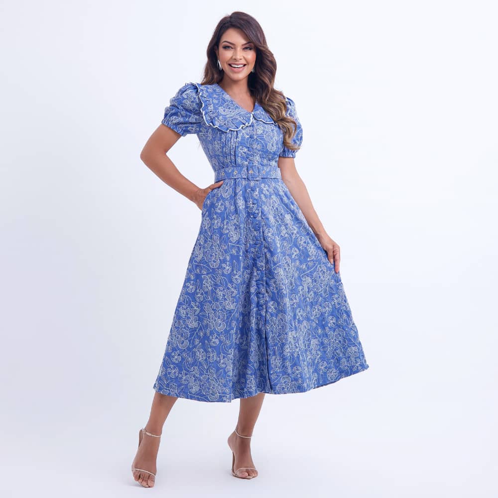 Vestido Feminino Midi Azul Floral Antonella- FL04
